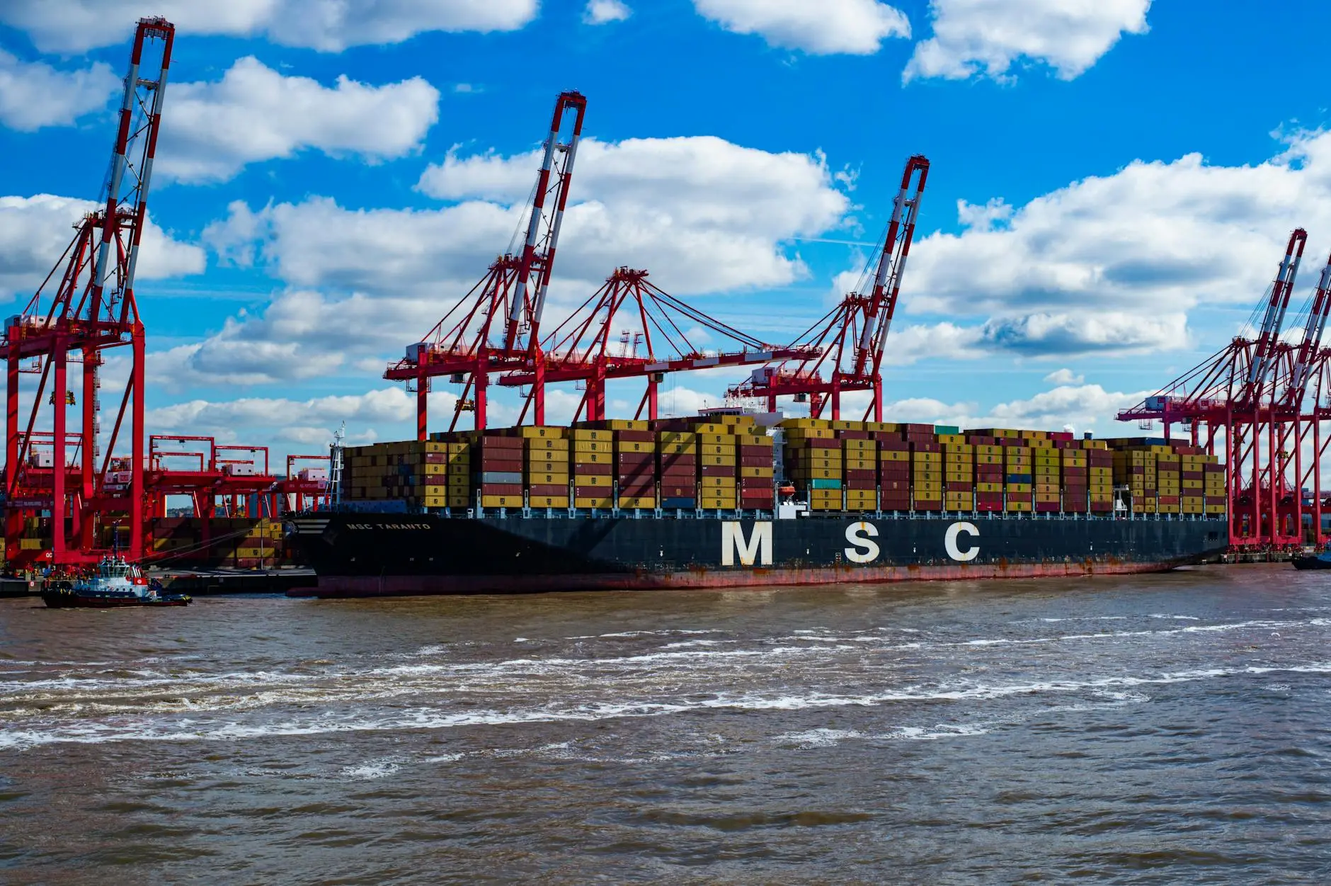 Large container ship MSC Taranto docked at port with multiple cranes in the background.