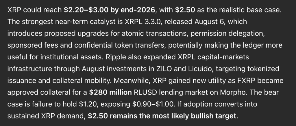 XRP Price Prediction: ChatGPT AI Predicts a $2.50 base case by the end of 2026 as XRPL 3.3.0 upgrades target institutional use